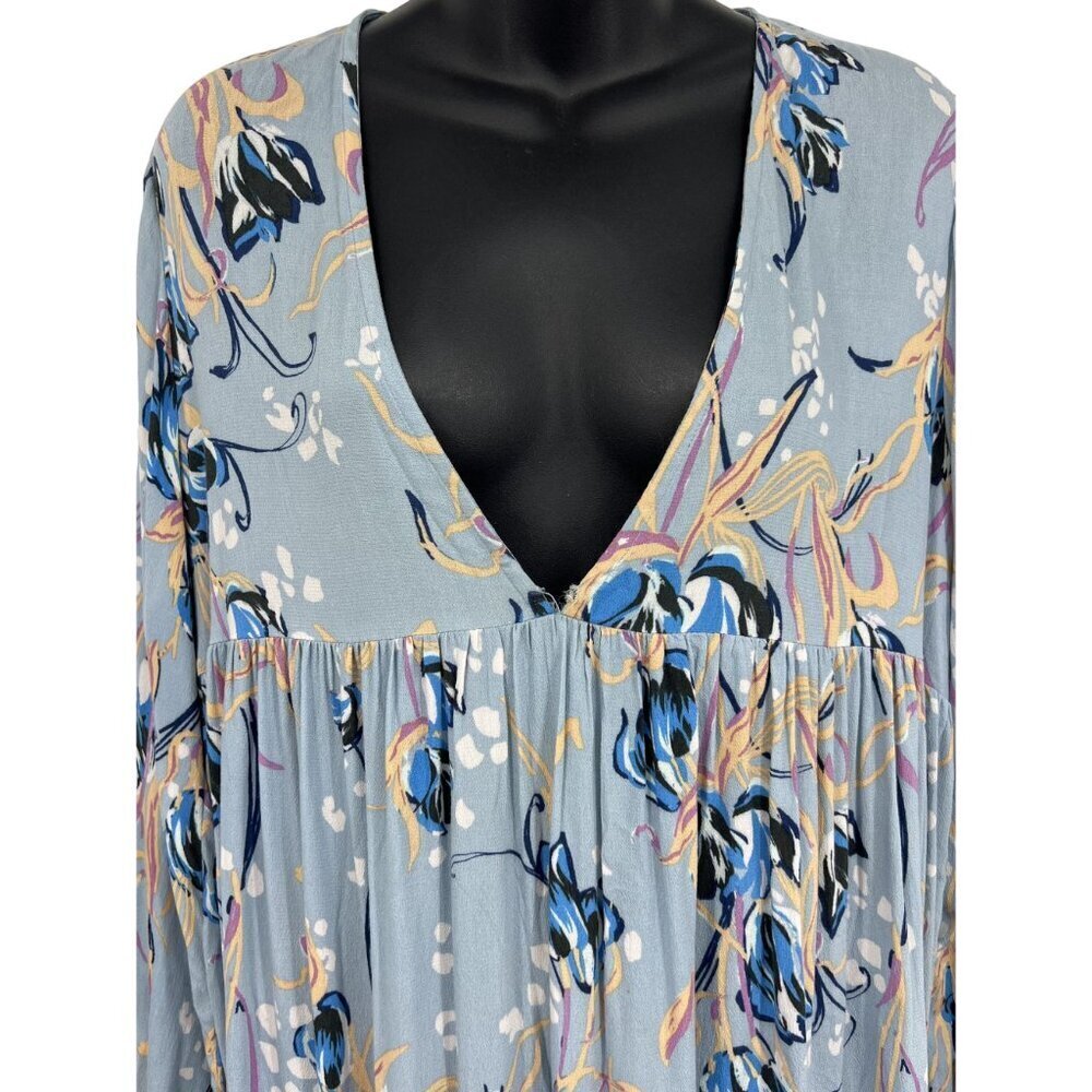Free People Floral Blouse Top Medium M Gray Blue Pink Women Boho Babydoll VGUC - Picture 2 of 8